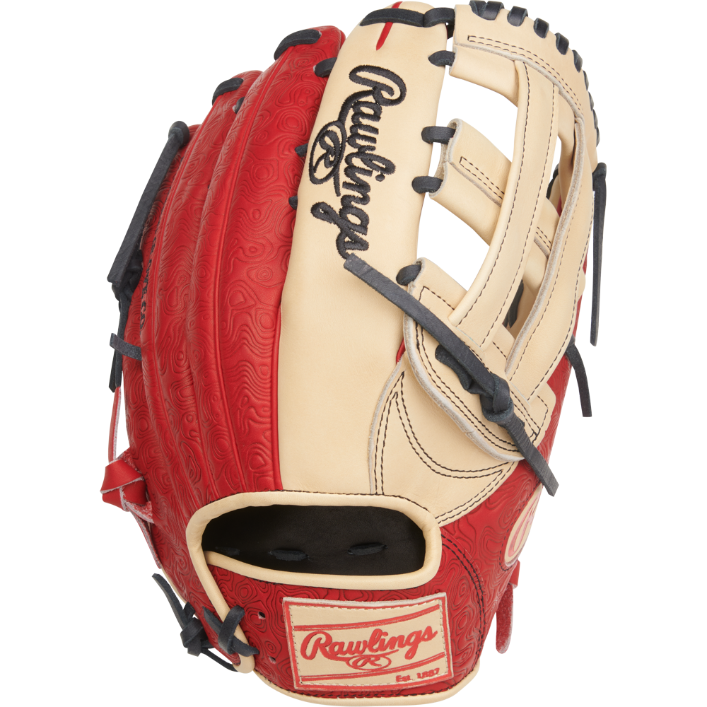 The Rawlings Heart of the Hide 12.75" Baseball Glove (PROR3039-6CS) features red and tan leather, black laces, embossed patterns, the Rawlings logo on the back, and a patch near the wrist opening.