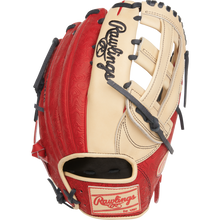 The Rawlings Heart of the Hide 12.75" Baseball Glove (PROR3039-6CS) features red and tan leather, black laces, embossed patterns, the Rawlings logo on the back, and a patch near the wrist opening.