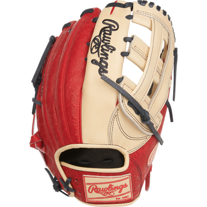 The Rawlings Heart of the Hide 12.75" Baseball Glove (PROR3039-6CS) features red and tan leather, black laces, embossed patterns, the Rawlings logo on the back, and a patch near the wrist opening.