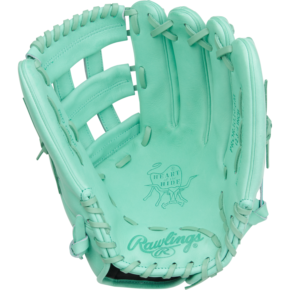 The Rawlings Heart of the Hide 12.75" Baseball Glove (PROR3039-6M) features a mint green color, open web design, visible stitching, and embossed palm logos.
