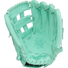 The Rawlings Heart of the Hide 12.75" Baseball Glove (PROR3039-6M) features a mint green color, open web design, visible stitching, and embossed palm logos.