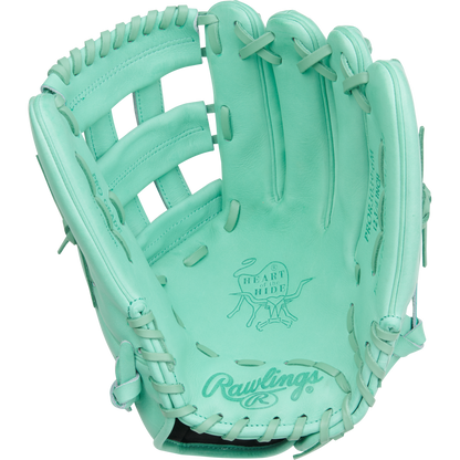 The Rawlings Heart of the Hide 12.75" Baseball Glove (PROR3039-6M) features a mint green color, open web design, visible stitching, and embossed palm logos.