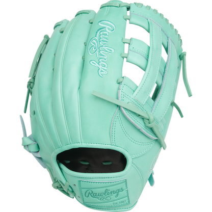 The Rawlings Heart of the Hide 12.75" Baseball Glove (PROR3039-6M) features a mint green design with light blue stitching and laced webbing, shown against a plain white background.