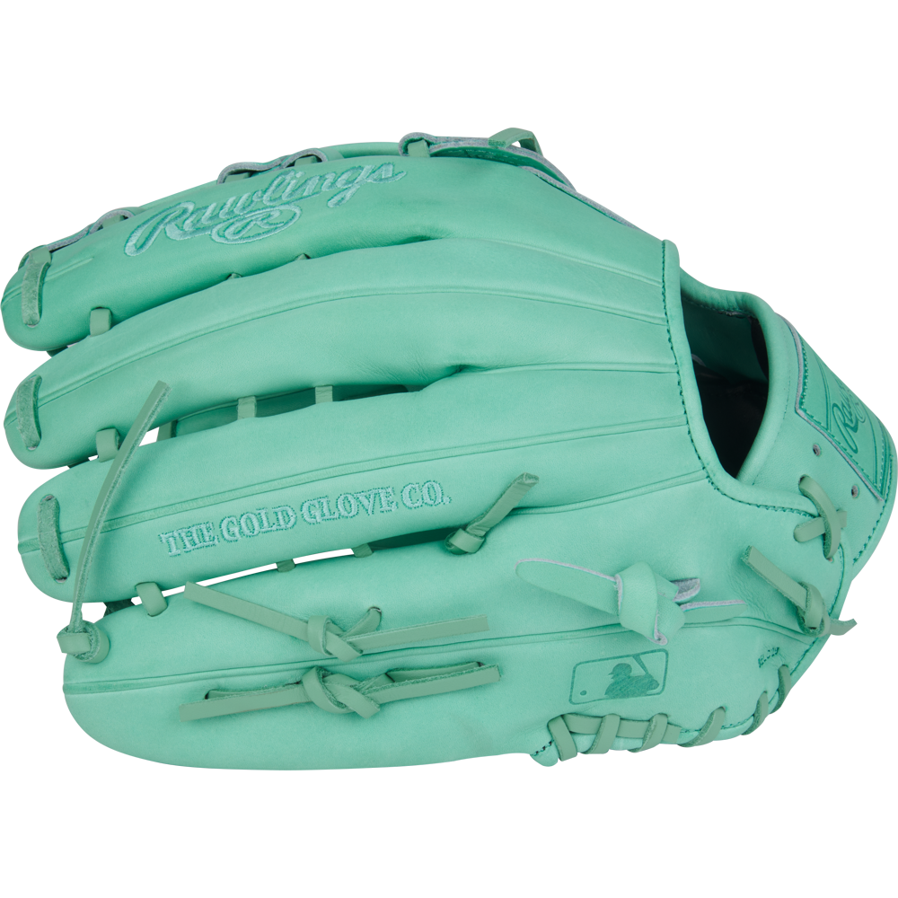 The Rawlings Heart of the Hide 12.75" Baseball Glove (PROR3039-6M) features turquoise leather, visible stitching and laces, "THE GOLD GLOVE CO." embossing, and a 12.75-inch design for superior reach and performance.
