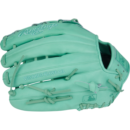 The Rawlings Heart of the Hide 12.75" Baseball Glove (PROR3039-6M) features turquoise leather, visible stitching and laces, "THE GOLD GLOVE CO." embossing, and a 12.75-inch design for superior reach and performance.