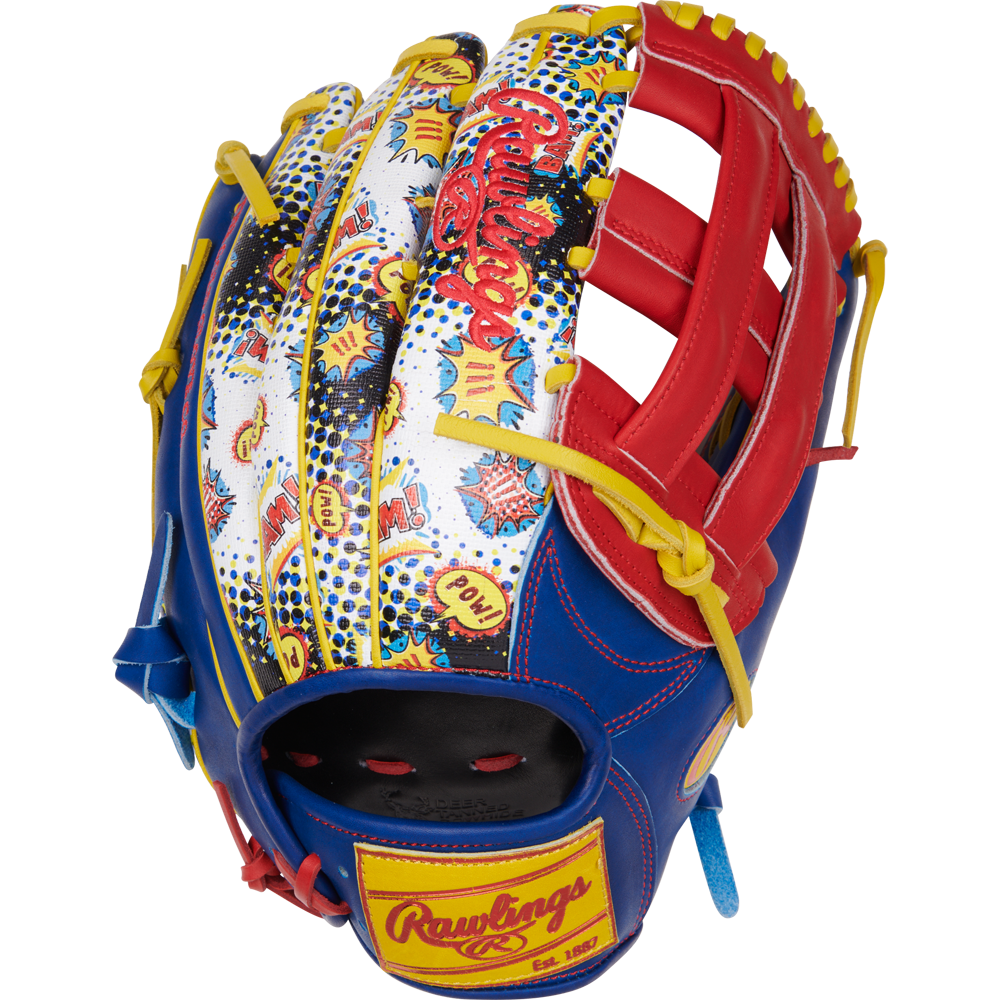The Rawlings Heart of the Hide 12.75" Color Sync Baseball Glove (PROR3039-6RSS) features comic book-style graphics with “Pow!” and “Wow!” on the back, plus bold red, blue, yellow, and white accents for standout style.