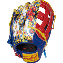 The Rawlings Heart of the Hide 12.75" Color Sync Baseball Glove (PROR3039-6RSS) features comic book-style graphics with “Pow!” and “Wow!” on the back, plus bold red, blue, yellow, and white accents for standout style.