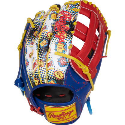 The Rawlings Heart of the Hide 12.75" Color Sync Baseball Glove (PROR3039-6RSS) features comic book-style graphics with “Pow!” and “Wow!” on the back, plus bold red, blue, yellow, and white accents for standout style.