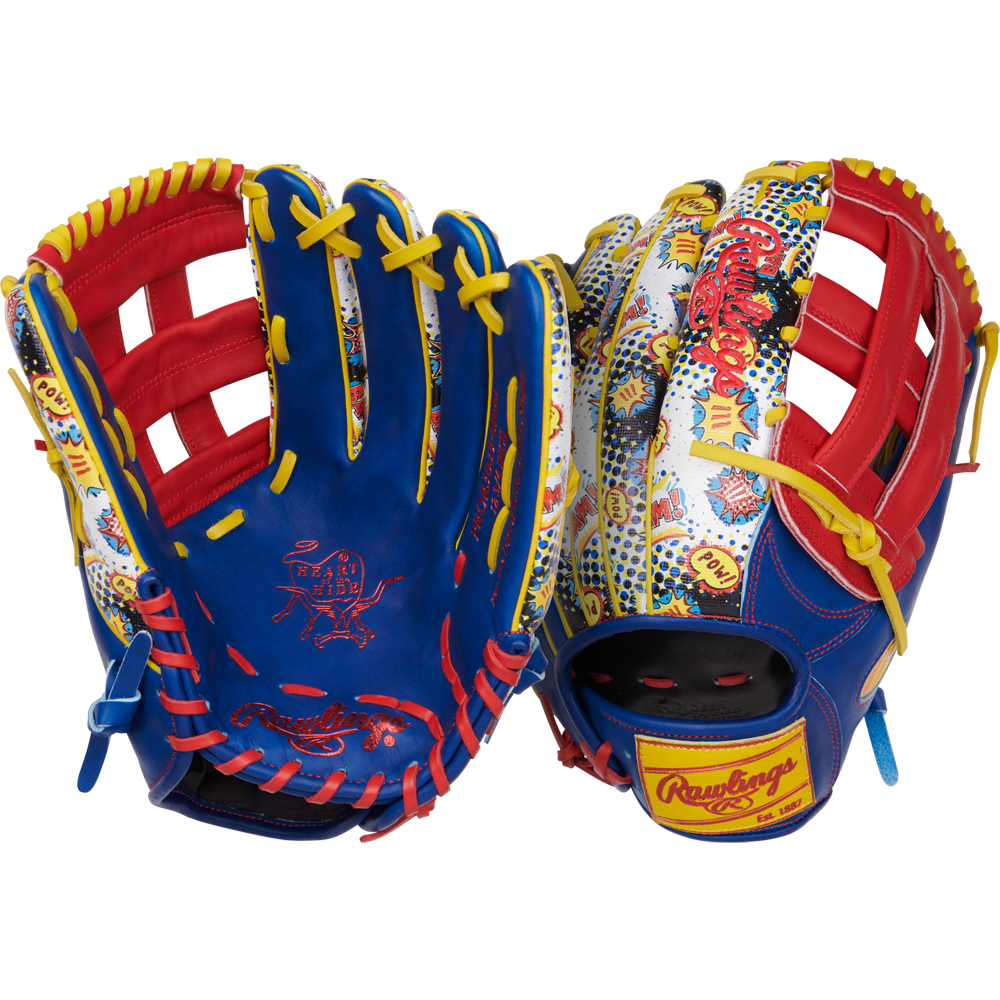 Two vibrant Rawlings Heart of the Hide 12.75" Color Sync PROR3039-6RSS gloves with red, blue, and yellow comic-style patterns are displayed side by side, showcasing their playful palm and back designs.