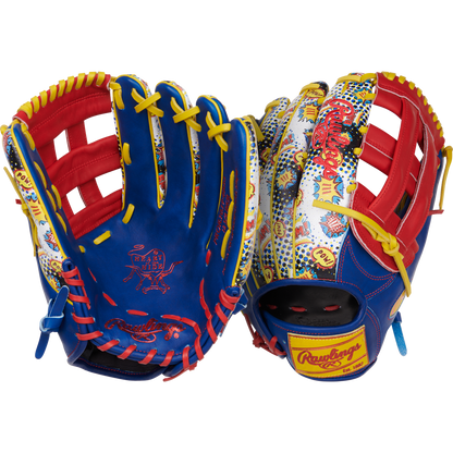 Two vibrant Rawlings Heart of the Hide 12.75" Color Sync PROR3039-6RSS gloves with red, blue, and yellow comic-style patterns are displayed side by side, showcasing their playful palm and back designs.