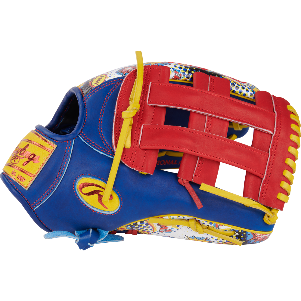 The Rawlings Heart of the Hide 12.75" Color Sync Baseball Glove (PROR3039-6RSS) features blue, red, and yellow leather with yellow laces and unique patterns on the wrist and thumb for a bold, stylish look.