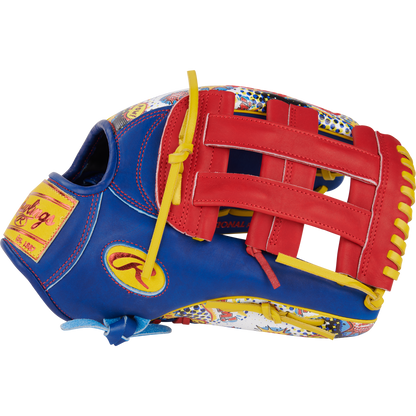 The Rawlings Heart of the Hide 12.75" Color Sync Baseball Glove (PROR3039-6RSS) features blue, red, and yellow leather with yellow laces and unique patterns on the wrist and thumb for a bold, stylish look.