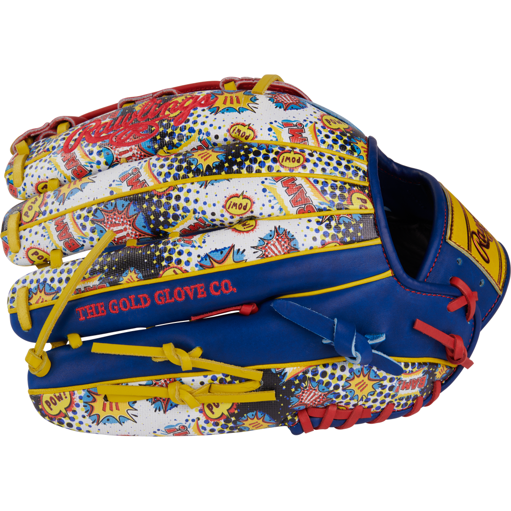 The Rawlings Heart of the Hide 12.75" Color Sync Baseball Glove (PROR3039-6RSS) boasts a comic book-inspired design with blue, yellow, white, and red pop art accents and "THE GOLD GLOVE CO." stitched on the side.