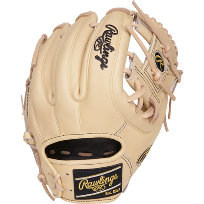 A Rawlings Heart of the Hide 11.25" Baseball Glove (PROR312-2CB) featuring a tan finish, Pro-I web, black/gold Rawlings logos, detailed stitching, and leather laces is displayed against a plain light background.