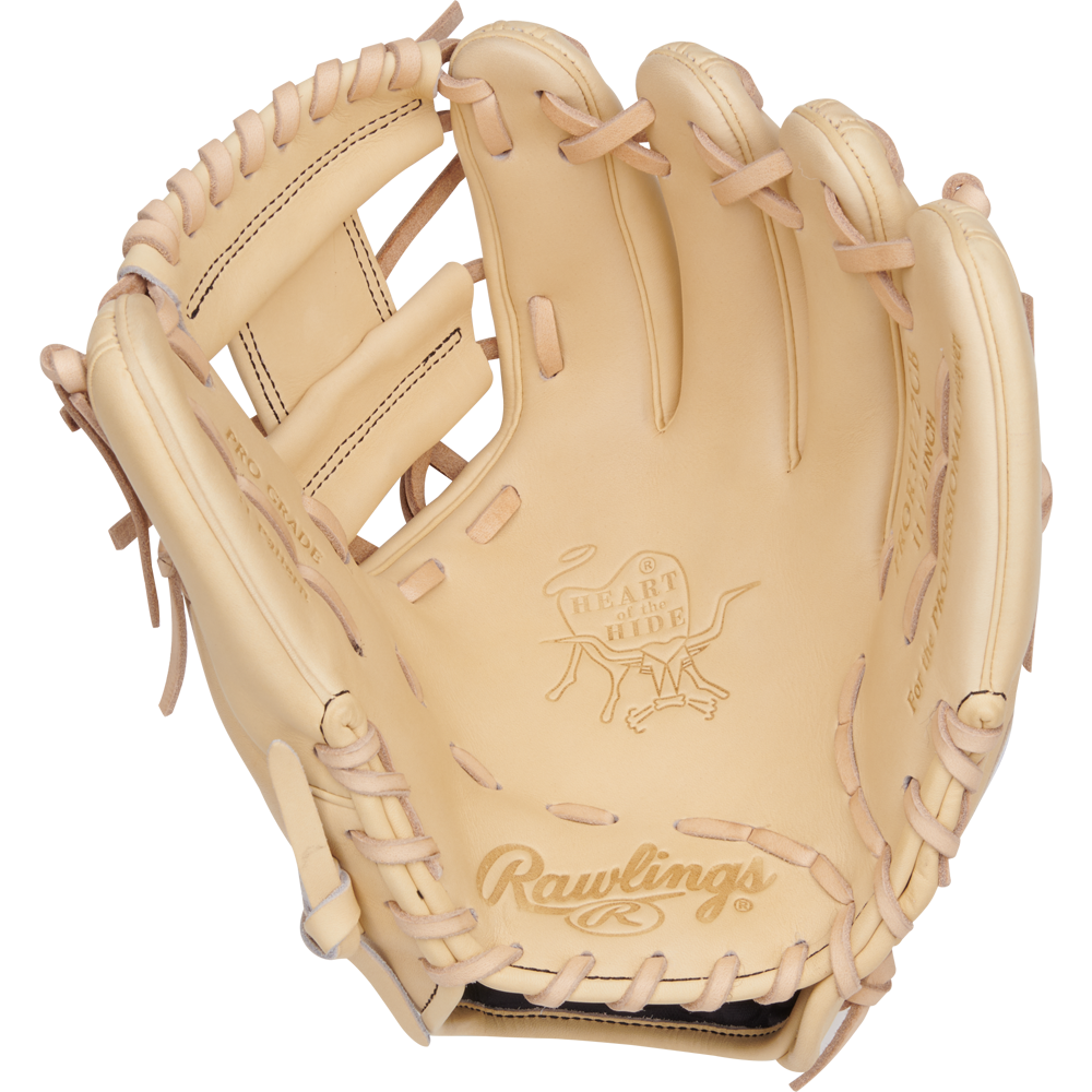 The Rawlings Heart of the Hide 11.25" Baseball Glove (PROR312-2CB) is a tan leather infield glove with a Pro-I web, visible stitching, and the iconic Heart of the Hide logo embossed on the palm.