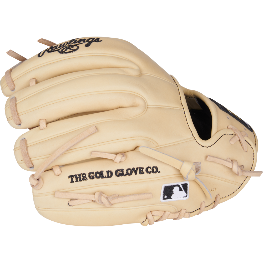A tan Rawlings Heart of the Hide 11.25" Baseball Glove (PROR312-2CB) with black stitching, Pro-I web, THE GOLD GLOVE CO. and MLB logos on the side, is shown against a white background.