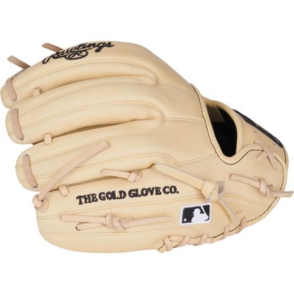 A tan Rawlings Heart of the Hide 11.25" Baseball Glove (PROR312-2CB) with black stitching, Pro-I web, THE GOLD GLOVE CO. and MLB logos on the side, is shown against a white background.