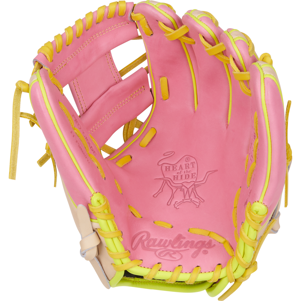 The Rawlings Heart of the Hide 11.25" Color Sync Baseball Glove (PROR312U-2P) is pink with yellow lacing, featuring the ColorSync Rawlings logo and Heart of the Hide stamp on the palm.