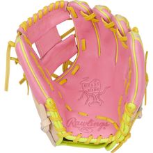 The Rawlings Heart of the Hide 11.25" Color Sync Baseball Glove (PROR312U-2P) is pink with yellow lacing, featuring the ColorSync Rawlings logo and Heart of the Hide stamp on the palm.