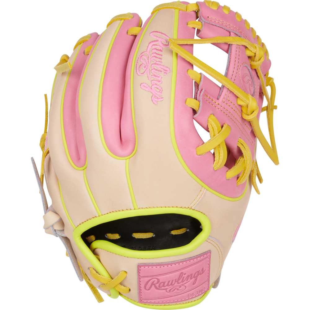 The Rawlings Heart of the Hide 11.25" Color Sync Baseball Glove (PROR312U-2P) features beige, pink, and yellow leather with pink stitching, a pink logo, yellow laces and trim, an open web design, and exclusive Color Sync details for added style.