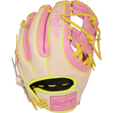 The Rawlings Heart of the Hide 11.25" Color Sync Baseball Glove (PROR312U-2P) features beige, pink, and yellow leather with pink stitching, a pink logo, yellow laces and trim, an open web design, and exclusive Color Sync details for added style.