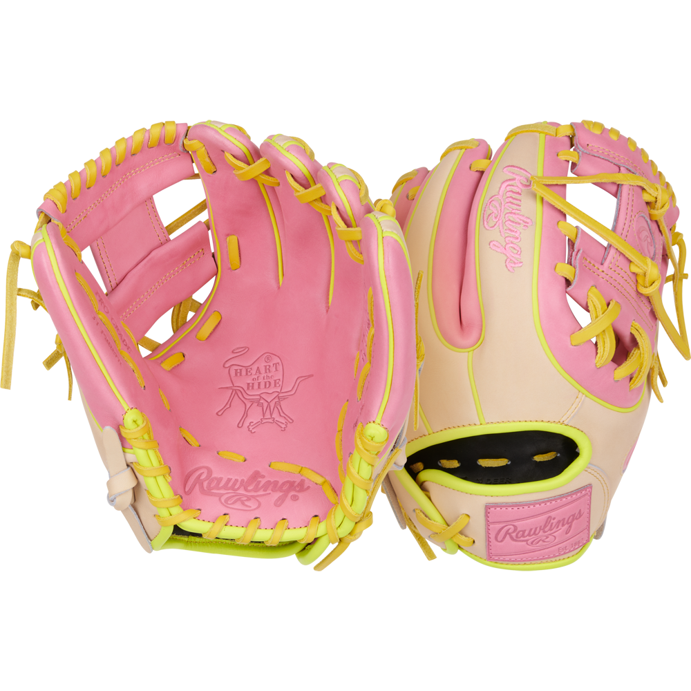 Two Rawlings Heart of the Hide 11.25" Color Sync gloves in pink, cream, and yellow with yellow laces are shown—one displays the palm, the other shows the back featuring a bold Rawlings logo and Colorsync accents.