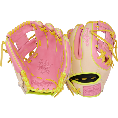 Two Rawlings Heart of the Hide 11.25" Color Sync gloves in pink, cream, and yellow with yellow laces are shown—one displays the palm, the other shows the back featuring a bold Rawlings logo and Colorsync accents.