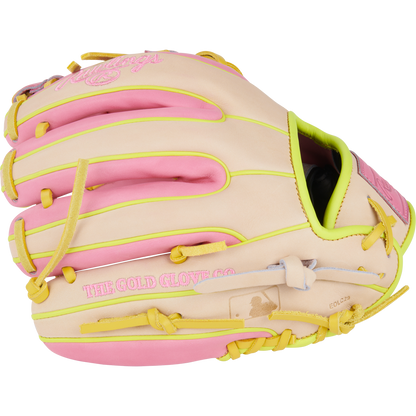 The Rawlings Heart of the Hide 11.25" Color Sync Baseball Glove (PROR312U-2P) features a tan design with pink and yellow accents, "THE GOLD GLOVE CO." embossing, and detailed stitching.