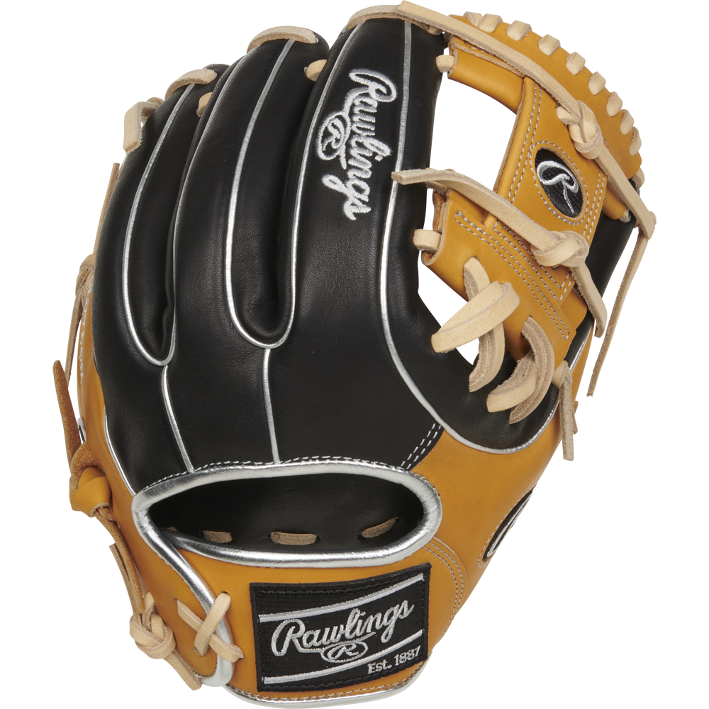 The Rawlings Heart of the Hide 11.5" Baseball Glove (RPROR314-2BTC) features black and tan leather, white stitching, tan laces, and the Rawlings logo on the wrist strap and thumb—designed for elite performance.