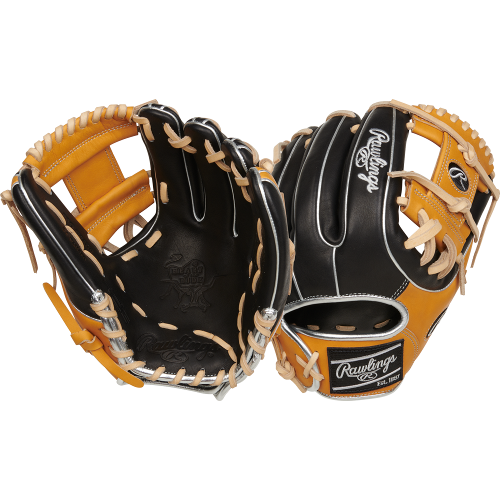 Two brown and black Rawlings Heart of the Hide 11.5" Baseball Gloves (RPROR314-2BTC) are shown side by side, featuring white laces and displaying both the palm and back views.