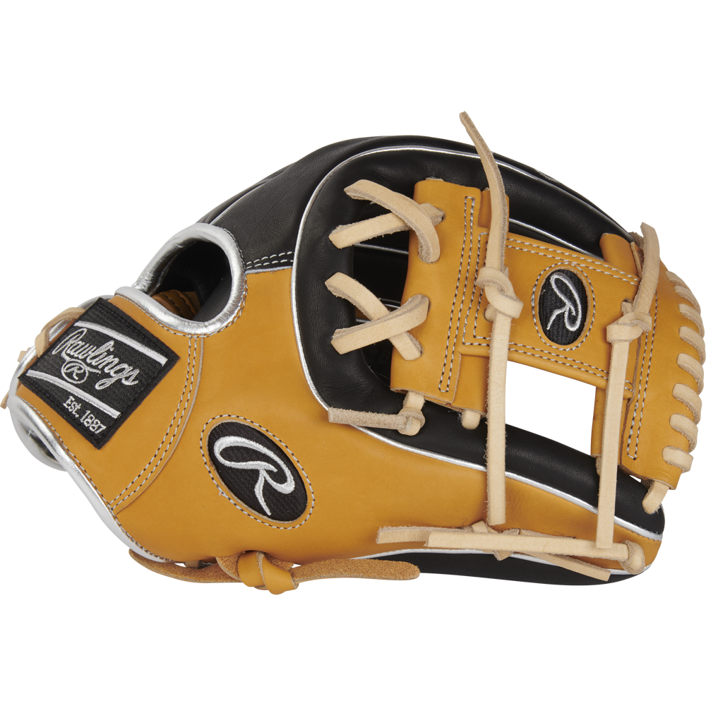 The Rawlings Heart of the Hide 11.5" Baseball Glove (RPROR314-2BTC) features tan and black leather, white stitching, tan laces, and displays the Rawlings logo on the wrist and thumb.