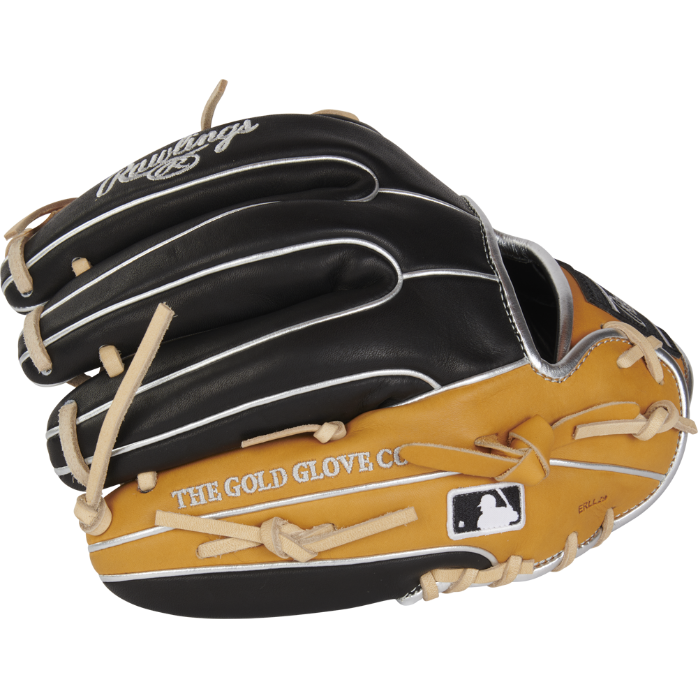 The Rawlings Heart of the Hide 11.5" Baseball Glove (RPROR314-2BTC) features a black and tan design, white stitching, tan laces, and THE GOLD GLOVE CO. with MLB logo on the thumb area.