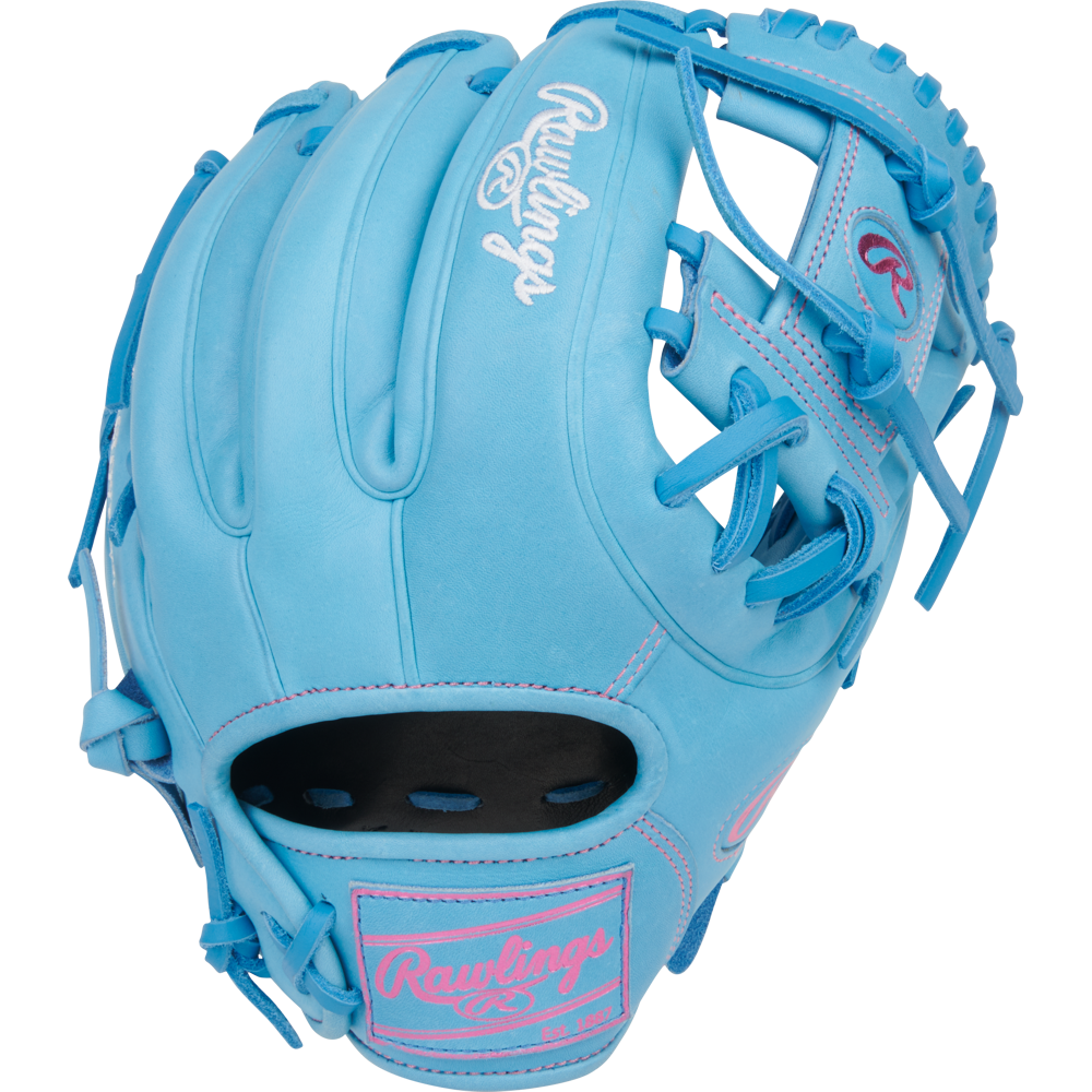 The Rawlings Heart of the Hide 11.5" Baseball Glove (PROR314-2CBCB) features a closed web, light blue color with pink stitching, and Rawlings logos on the glove and wrist strap. Designed for right-handed infield players.