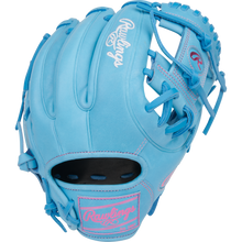 The Rawlings Heart of the Hide 11.5" Baseball Glove (PROR314-2CBCB) features a closed web, light blue color with pink stitching, and Rawlings logos on the glove and wrist strap. Designed for right-handed infield players.