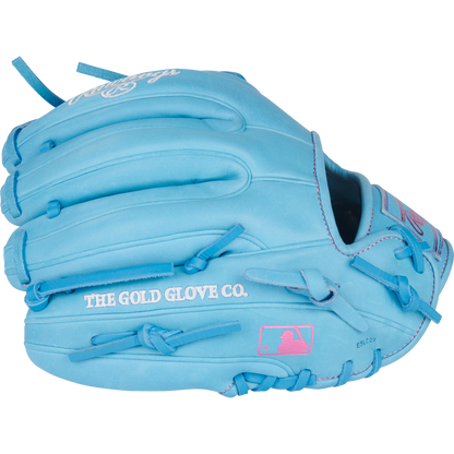 The Rawlings Heart of the Hide 11.5" Baseball Glove (PROR314-2CBCB) features sky blue leather, pink stitching, "THE GOLD GLOVE CO." text, a pink MLB logo, and is part of Rawlings' famous Heart of the Hide series.