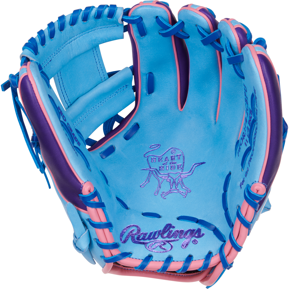 The Rawlings Heart of the Hide 11.5" Color Sync Baseball Glove (PROR314-2CBPU) features blue and pink leather, purple "HEART OF THE HIDE" stitching, an illustrated steer logo on the palm, blue laces, and pink accents on the fingers.