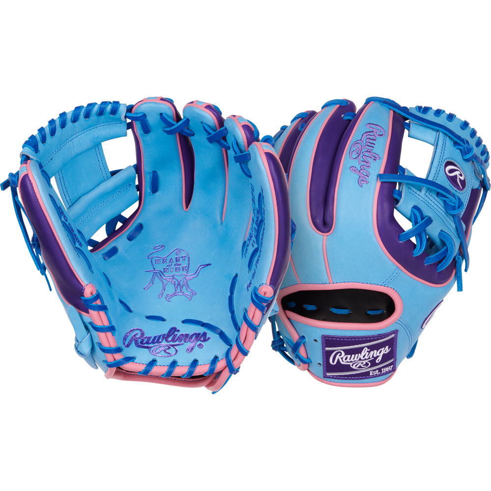 Two blue Rawlings Heart of the Hide 11.5" Color Sync gloves (PROR314-2CBPU) with pink and purple accents are displayed, showing both palm and back, with playful graphics and the Rawlings logo on palm and wrist.