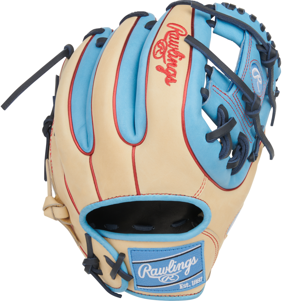 The Rawlings Heart of the Hide 11.5" Baseball Glove (PROR314-2CCB) features tan and light blue leather, dark blue laces, red stitching, and the Rawlings logo on the wrist strap and back—ideal for infielders.