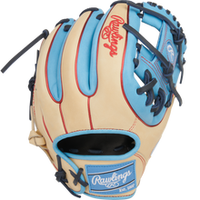 The Rawlings Heart of the Hide 11.5" Baseball Glove (PROR314-2CCB) features tan and light blue leather, dark blue laces, red stitching, and the Rawlings logo on the wrist strap and back—ideal for infielders.
