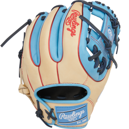 The Rawlings Heart of the Hide 11.5" Baseball Glove (PROR314-2CCB) features tan and light blue leather, dark blue laces, red stitching, and the Rawlings logo on the wrist strap and back—ideal for infielders.