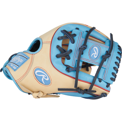 The Rawlings Heart of the Hide 11.5" Baseball Glove (PROR314-2CCB) features a beige and light blue design with dark blue laces, plus the Rawlings logo on the wrist strap and thumb, combining style and performance for infield play.