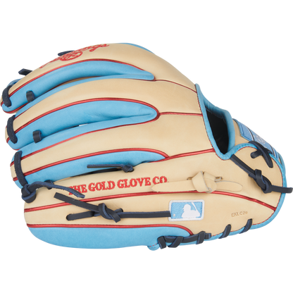 The Rawlings Heart of the Hide 11.5" Baseball Glove (PROR314-2CCB) features a tan and light blue design, red stitching, blue laces, "THE GOLD GLOVE CO." embroidery, and an MLB logo patch near the wrist opening.