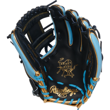 The Rawlings Heart of the Hide 11.5" R2G Baseball Glove (RPROR314-2NCB) features black and light blue leather, gold stitching and accents, R2G game-ready technology, and the classic Rawlings logo on the palm.