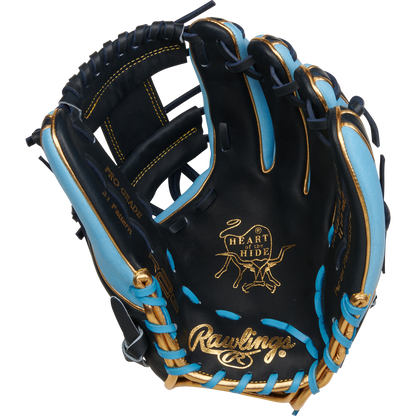 The Rawlings Heart of the Hide 11.5" R2G Baseball Glove (RPROR314-2NCB) features black and light blue leather, gold stitching and accents, R2G game-ready technology, and the classic Rawlings logo on the palm.