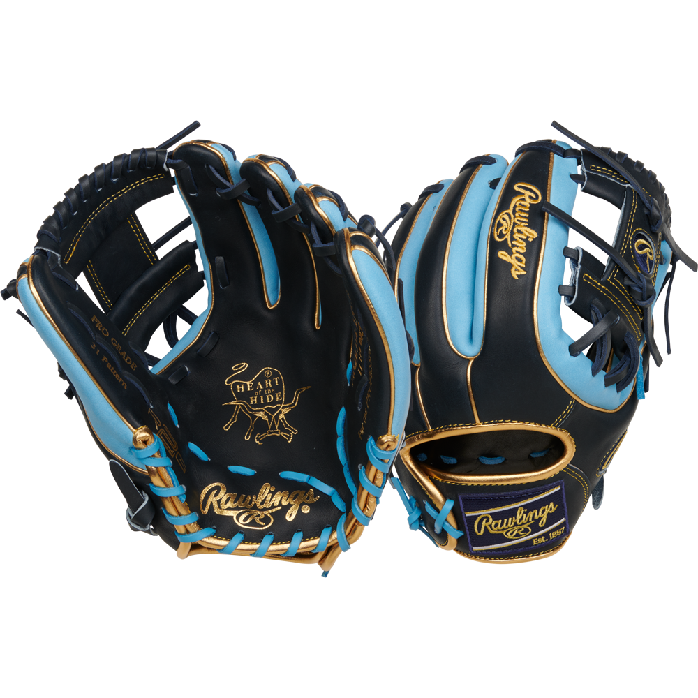 Two Rawlings Heart of the Hide 11.5" R2G Baseball Gloves (RPROR314-2NCB) in black and light blue with tan stitching, shown front and back, feature signature branding and advanced R2G technology for a game-ready feel.