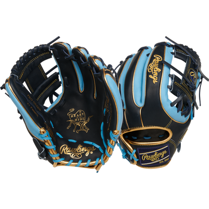 Two Rawlings Heart of the Hide 11.5" R2G Baseball Gloves (RPROR314-2NCB) in black and light blue with tan stitching, shown front and back, feature signature branding and advanced R2G technology for a game-ready feel.