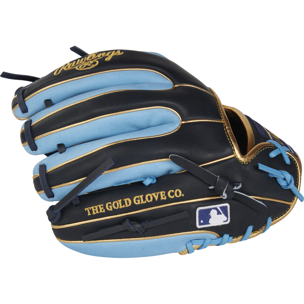 The Rawlings Heart of the Hide 11.5" R2G Baseball Glove (RPROR314-2NCB) features a black, blue, and gold design with THE GOLD GLOVE CO. and MLB logos, plus R2G technology for a game-ready feel.