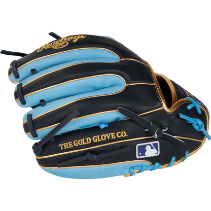The Rawlings Heart of the Hide 11.5" R2G Baseball Glove (RPROR314-2NCB) features a black, blue, and gold design with THE GOLD GLOVE CO. and MLB logos, plus R2G technology for a game-ready feel.