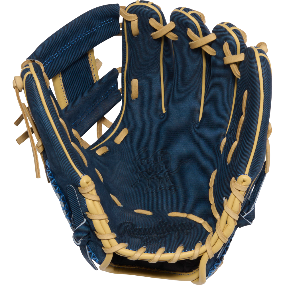 The Rawlings Heart of the Hide 11.5" Baseball Glove (PROR314-2XDN) features blue and tan leather, visible stitching, and an embossed Rawlings logo on the palm. The open glove reveals its inside pocket and finger slots.
