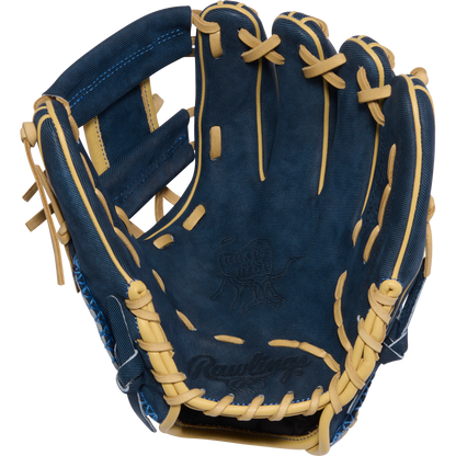 The Rawlings Heart of the Hide 11.5" Baseball Glove (PROR314-2XDN) features blue and tan leather, visible stitching, and an embossed Rawlings logo on the palm. The open glove reveals its inside pocket and finger slots.